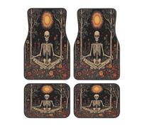 Funny Skeleton Boho Sun Pattern Universal Car Floor Mats Set of 4, Full Coverage Automotive Mats Non Slip Polyester Printed Front and Rear Vehicle Interior Protection for Cars Trucks SUVs