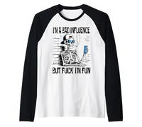 Funny Skeleton Cigarette I'm A Bad Influence But FCK I'm Fun Raglan Baseball Tee