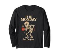 Funny Skeleton Coffee Monday Design for Work and Morning Vib Long Sleeve T-Shirt
