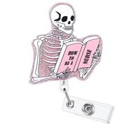 Funny Skeleton Nurse Badge Reel, How to BE A Nurse Fun Badge Holder with Retractable Clip, Pink Medical Badge Clip for RN CNA LPN LVN Hospital Medical Worker Nursing Student