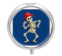 Funny Skeleton Pill Case Retro Mirror 3 Compartments Pill Organizer Small Round Metal Pill Organizer for Fish Oil Pills or Vitamins Supplements for