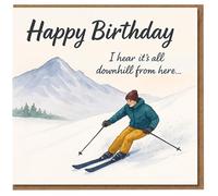 Funny Skiing Birthday Card - 'Happy Birthday I hear it's all downhill from here...' Skier on Snowy Mountain Humour Card for Ski Lovers, Friends, Him or Her