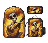 Funny Skull Playing Guitar Yellow Flower 3 Pieces Set Laptop Backpack Travel Daypack with Lunch Box Pencil Case for Men Women
