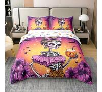 Funny Skull Witch 100% Cotton Duvet Cover King Happy Halloween Flowers Bedding Set Ombre Glittering Print Comforter Cover for Kids Purple Orange Bedding with 2 Pillowcases(No Comforter)