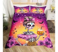 Funny Skull Witch Bedding Set Happy Halloween Flowers Duvet Cover King Kids Ombre Glittering Print Comforter Cover Purple Orange Girls Boys Room Decor 2 Pillowcases(No Comforter)