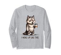 Funny Sleepy Wolf Holding Coffee Cartoon Long Sleeve T-Shirt