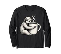 Funny Sloth Hugging Coffee Mug Hand Drawn Lazy Morning Long Sleeve T-Shirt