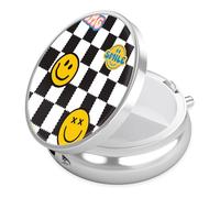 Funny Smiley Face Pill Case, Pill Box 3 Compartments Metal Small Pill Holder with Mirror Mini Travel Pill Container for Purse Pocket Women Men