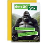 Funny Son 50th Birthday Card - Grumpy Gorilla Design for Him - Fun Age 50 Happy Birthday Card for Son - A5 Size Card with Yellow Envelope