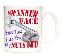 Funny Spanner Face Mug - “Every Time I See You My Nuts Tighten” - Tool Pun Coffee Cup - Gift for Mechanics, DIY Fans, Engineers, Tradespeople - Ceramic Mug with Wrench & Nuts Design