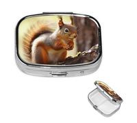 Funny Squirrel Pill Box 2 Compartment Round Metal Pill Case for Purse & Pocket, Portable Medicine Organizer Travel Pillbox Daily Pill Container Holder to Hold Vitamins, Fish Oil