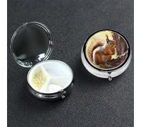 Funny Squirrel Pill Box 3 Compartment Round Metal Pill Case for Purse & Pocket, Portable Medicine Organizer Travel Pillbox Daily Pill Container Holder to Hold Vitamins, Fish Oil