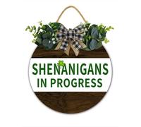 Funny St. Patrick's Day Door Sign, "Shenanigans In Progress" Shamrock Wood Round Decor, Irish Welcome Hanger For Front Door, Festive Green Farmhouse Saint Patrick's Day Wall Art 30x30 CM