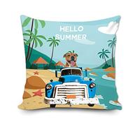Funny Staffordshire Bull Terrier Dog Driving a Car Pillowcase Hello Summer Beach Sea Palm Tree Pillow Cushion Cover Home Decorations for Sofa Couch Bedroom 16x16 Inch