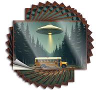 Funny Sticker UFO Abducting School Bus in The Forest Stickers 10Pcs Decor for Man Cave Prank Stickers for Adults(8X12CM)