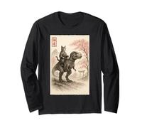 Funny Sumi-e Kawaii Cat Riding Dinosaur Japanese Art Long Sleeve T-Shirt