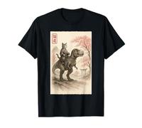 Funny Sumi-e Kawaii Cat Riding Dinosaur Japanese Art T-Shirt