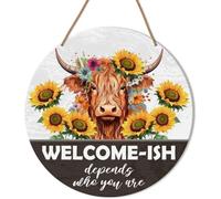 Funny Summer Decor for Front Door, Highland Cow Sunflower Summer Welcome Decor,Welcome Depend Who You Are.Home Office Farmhouse Yard Garden Synthetic Round Wood Sign 12 x 12 inch