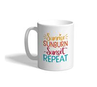 Funny Summer Repeat Sunlight Ceramic Coffee Mug 11 Ounces Sunrise Sunburn Sunset Repeat Summer Season Suntan White Tea Cup Design Only