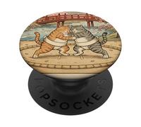 Funny Sumo Cat Wrestling Japanese Art Ukiyo-e Graphic PopSockets Adhesive PopGrip