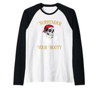 Funny Surrender Your Booty Pirate Flag Skull Jolly Roger Raglan Baseball Tee