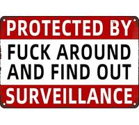 Funny Surveillance Yard Vintage Metal Tin Signs Protected by Fuck Around and Find out Sign for Home Garden Terrace Farmhouse Farm Garage Wall Warning Decor Plaque 12x16 Inch