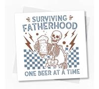 Funny Surviving Fatherhood One Beer At A Time Father's Day Card Square | Humorous Skeleton Beer Greeting for Daddy Husband Grandpa | Cute Edgy Parenting Joke Birthday Stationery - 271