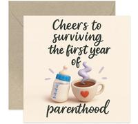 Funny Surviving First Year Parenthood Card, 1st Birthday Cards, Hilarious Gift for Friends Family - Square, Blank Inside with Premium Envelope