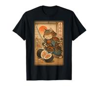 Funny Sushi Samurai Cat Dojo Sunset Ukiyo-e Manga Kanji Art T-Shirt