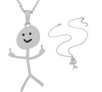 Funny Swearing Stick Man Necklace Pendant with Chain - Silver High Grade Stainless Steel - Middle Finger Flipping the Bird - Cute Minimalist Jewellery Gift for Men or Women - Smiley Guy - 45cm Chain