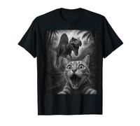 Funny Tabby Cat Selfie Spinosaurus Chase Black and White T-Shirt