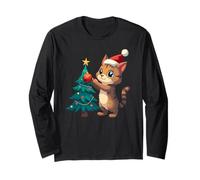 Funny Tabby Kitty Christmas Santa Hat Cat Lover Xmas Tree Long Sleeve T-Shirt