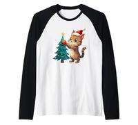 Funny Tabby Kitty Christmas Santa Hat Cat Lover Xmas Tree Raglan Baseball Tee