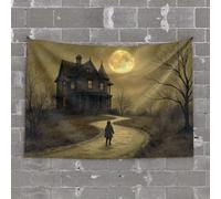Funny Tapestry A Child Walks Towards an Eerie, Moonlit Mansion Tapestry Funny House Decor Coquette Room Decor(100X150CM)