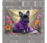 Funny Tapestry Adorable French Bulldog in Purple Sweater with Flowers Tapestry Funny Home Decor Wall Tapestry College(75X100CM)