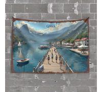 Funny Tapestry Greek Coastal Village with People Walking On Wooden Bridge Tapestry Decore for Room Tapestry for Bedroom(100X150CM)