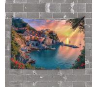 Funny Tapestry Sunset Over Coastal Town with Boats in The Harbor Tapestry Funny House Decor Coquette Room Decor(75X100CM)