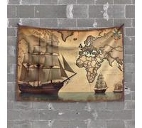 Funny Tapestry Vintage Map with Sailing Ships: Navigating The World's Oceans Tapestry Funny Sogns Bar Accessories for Man Cave(75X100CM)