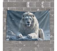 Funny Tapestry White Lion with Blue Eyes Resting On A Rock Tapestry Funny House Decor Coquette Room Decor(100X150CM)
