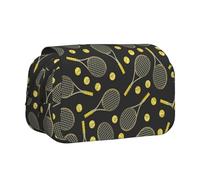 Funny Tennis Racquets and Tennis Balls Flip-Top Double-Layer Pencil Case,Large Capacity (Holds 50 Pens/Pencis),Full-Print Durable Polyester School Office Supplies