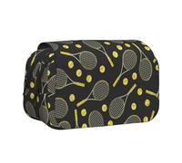 Funny Tennis Racquets and Tennis Balls Flip-Top Double-Layer Pencil Case,Large Capacity (Holds 50 Pens/Pencis),Full-Print Durable Polyester School Office Supplies