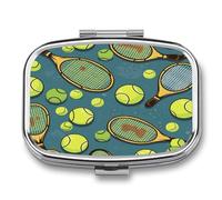 Funny Tennis Racquets and Tennis Balls Pill Box Medicine Pill Organizer Small Pill Case Travel Pill Container Portable Pill Case for Pocket 2 Compartment Pill Holder Pill Boxes for Travel