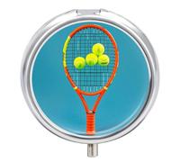 Funny Tennis Racquets and Tennis Balls Pill Box Waterproof Portable Medicine Pill Case Moisture Proof Metal Travel Pill Box with 3 Compartment Medicine Case