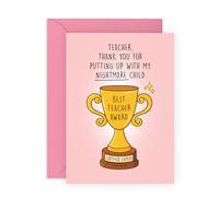 Funny Thank a Teacher Day Card - Thank You For Putting Up With My Child, Trophy Award Design - Gratitude for Educator Mentor Tutor Professor from Parent Mom Dad - Comes with Stickers