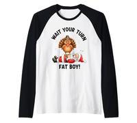 Funny Thanksgiving Turkey vs Santa Wait Your Turn Fat Boy Raglan Baseball Tee