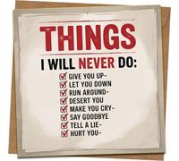 Funny Things I Will Never Do Greeting Card, 145mm x 145mm, Blank Inside, With Kraft Envelope - Humorous Love Birthday Anniversary Card, Never Gonna Give You Up Checklist, Retro Style