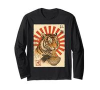 Funny Tiger Eating Ramen Japanese Ukiyo-e Edo Aesthetic Long Sleeve T-Shirt