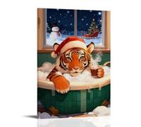 Funny Tiger Wearing Santa Hat Posters Abstract Bath Christmas Snowflakes Canvas Wall Art Winter Joy And Festive Theme Prints Painting For Home Bedroom Dorm Wall Decor 24x36inch(60x90cm)