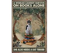 Funny Tin Signs Vintage Rat Terrier Dog and Book A Woman Cannot Survive On Books Alone She Also Needs A Rat Terrier Vintage Metal Sign Vintage Decor Rustic Tin Signs Wall Art Metal Poster 8x12 inch