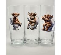 Funny Toilet Highland Cow Glass Tumbler. Drinking Glass. Cute. Highland Cow on The Toilet & Holding Phone. Gift idea. Set of 3 Glasses.